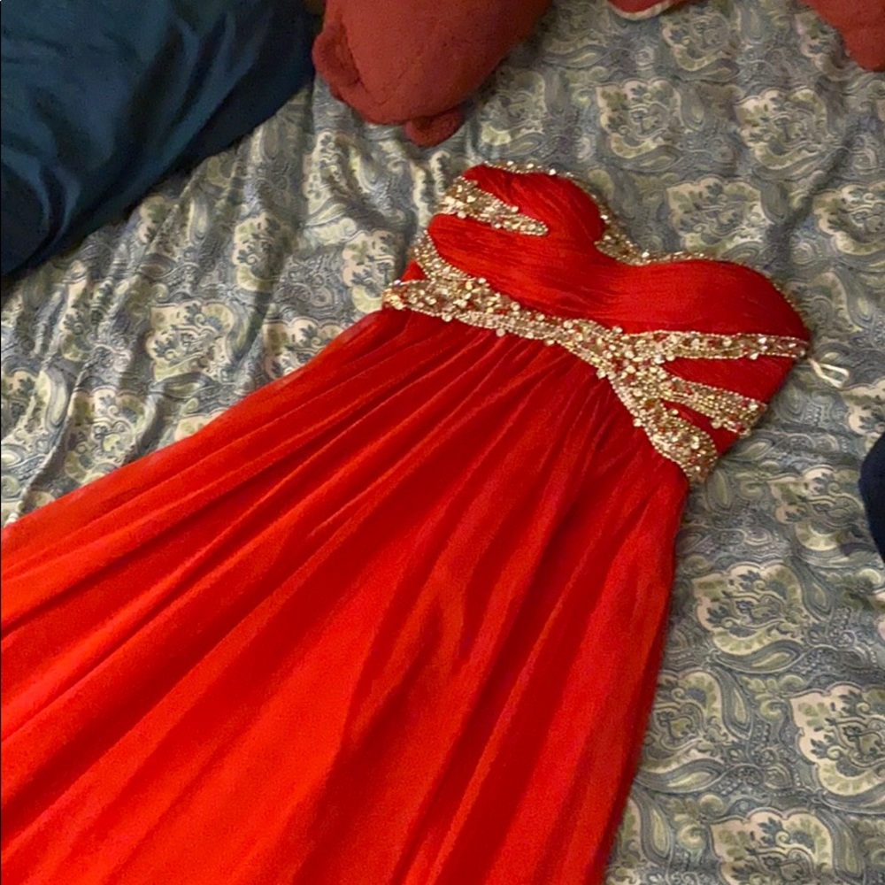 Bright Red Sherry Hill floor length dress w/silver